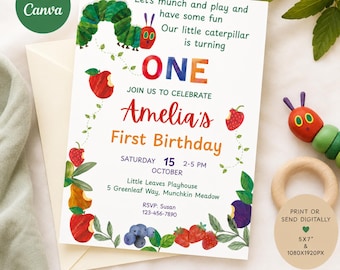 Hungry Caterpillar First Birthday Invitation Template, Editable Canva 5x7 & Digital Invite, Hungry Caterpillar 1st Birthday Party Invitation