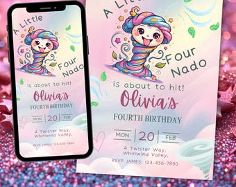 Four-nado 4th Birthday Invitation, Pastel Tornado Theme (Digital Download, Editable Canva Template)