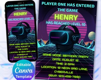 Invitación de cumpleaños de realidad virtual, fiesta de videojuegos, invitación neón para gamers, plantilla editable de Canva