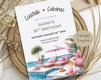 Invitation tropicale à la piscine : modèle de toile modifiable pour le 30e anniversaire (téléchargement numérique)