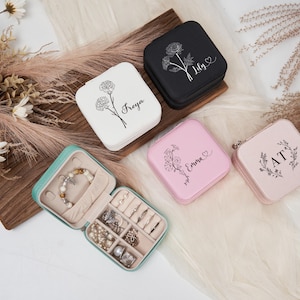 Personalisierte Brautjungfer Schmuckschatulle, Reise Schmuckschatulle, Geburtsblumengeschenk, Brautgeschenke, Hochzeitsgeschenke, Geburtsgeschenke, Geschenk für Sie