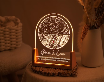 Mapa estelar personalizado por fecha, luz nocturna con mapa estelar, carta estelar personalizada, regalo de aniversario, regalo para novio, regalos de graduación
