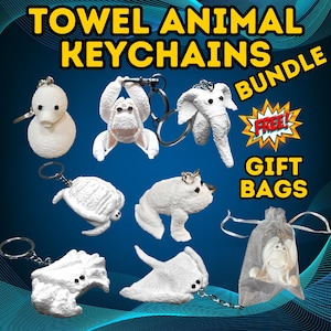 May include: A collection of white towel animal keychains, including a duck, monkey, elephant, turtle, frog, and stingray. The keychains are displayed with the text "TOWEL ANIMAL KEYCHAINS BUNDLE" and "GIFT BAGS".