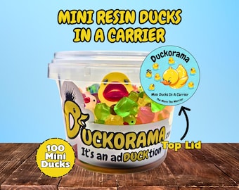 Translucent Mini Resin Ducks Bucket: 100 Count Gift Exchange Set with Carrier & Surprise Duck