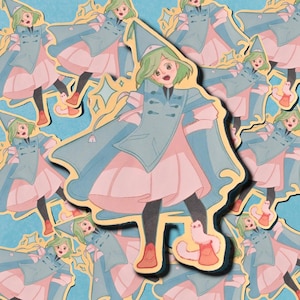 May include: A sticker featuring a cartoon character in a light blue coat, pink dress, and a pointed hat. The character has green hair and is surrounded by sparkling star shapes. The sticker has a yellow border and is on a blue background.
