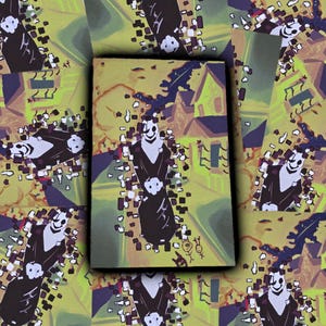 May include: A rectangular print featuring a central figure with a white, mask-like face and a black robe, surrounded by floating white and black square fragments. The background displays a stylized landscape with yellow-green tones and house shapes.