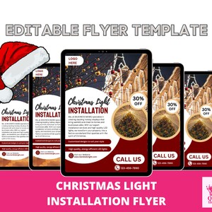 May include: Editable flyer template for Christmas light installation services. The flyer features a festive image of a decorated Christmas tree with lights, and text that says "Christmas Light Installation" and "30% Off". The flyer also includes a call to action to "Call Us" with a phone number.