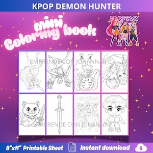 以下が含まれることがあります： 「KPOP DEMON HUNTER」と書かれた、印刷可能な塗り絵。遊び心のあるフォントで「mini coloring book」と書かれています。アニメ風のキャラクター、剣を持った猫、剣の白黒イラストが特徴です。シートサイズは約20 x 28 cmです。