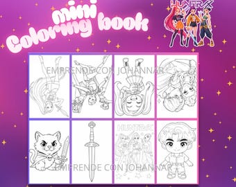 Peut inclure: Livre de coloriage imprimable "KPOP DEMON HUNTER" avec le texte "mini coloring book" dans une police fantaisiste. Il présente des illustrations en noir et blanc de personnages de style anime, un chat avec une épée et une épée. Format 20 x 28 cm.