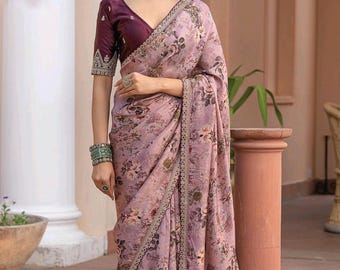 Mauve Color Printed Silk Readymade/Easy Saree