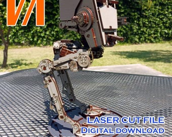 May include: A detailed wooden model of an AT-ST walker, featuring a gray and brown color scheme. The model is standing on a round base. The image includes the text "LASER CUT FILE DIGITAL DOWNLOAD SVG DXF PDF-INSTRUCTIONS".