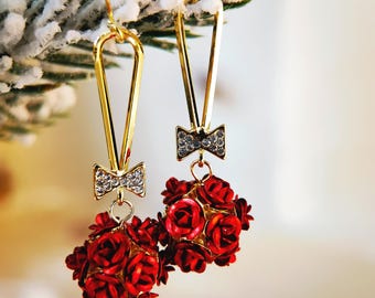 Handcrafted Red Rose Bouquet Earrings | Unique Gift Idea | Christmas Red Earrings | Perfect Valentine&#39;s Day | Cute Bowknot With Sparkling CZ