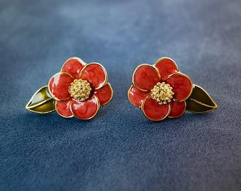 Handmade Red Camellia Flower and Leaves Earrings, Camellia Stud Earrings, Romantic Camellia Earrings, Enamel Earrings, Valentine&#39;s Day
