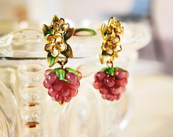 Deliciously Unique Grape Dangle Earrings | Holiday Harvest Jewelry Collection | Hypoallergenic Sweet and Stylish Ear Clips for Food Lovers