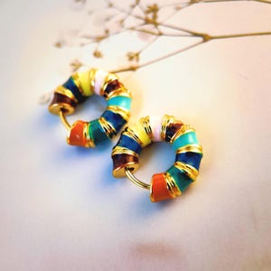 Colorful Enamel Hoop Earrings: 14K Gold Plated Huggies