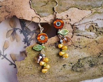 Bohemian Chic: Handcrafted Orange Czech Glass Floral Earrings | Long Dangle Beaded Earrings in Vintage Orange | Unique Holiday Surprise