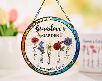 Cadeau jardin de grand-mère personnalisé pour grand-mère, cadeau grand-mère, cadeau fête des mères pour grand-mère, attrape-soleil en verre teinté mois de naissance de grand-mère