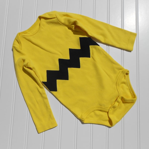 READY TO SHIP Great cosplay birthday Present or baby shower gift bodysuit Charlie Brown inspired sewn zig zag chevron applique