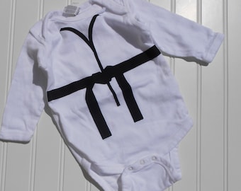 READY TO SHIP Great cosplay birthday Present or baby shower gift bodysuit Black Belt Karate Taekwondo sewn cotton applique