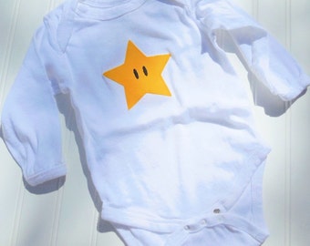 READY TO SHIP Great cosplay birthday Present or baby shower gift bodysuit Inspired by Mario Star sewn cotton applique long sleeve