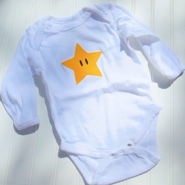 READY TO SHIP Great cosplay birthday Present or baby shower gift bodysuit Inspired by Mario Star sewn cotton applique long sleeve