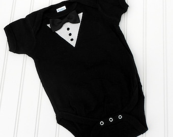 READY TO SHIP Great cosplay birthday Present or baby shower gift bodysuit Formal Tuxedo with Bow tie sewn cotton applique