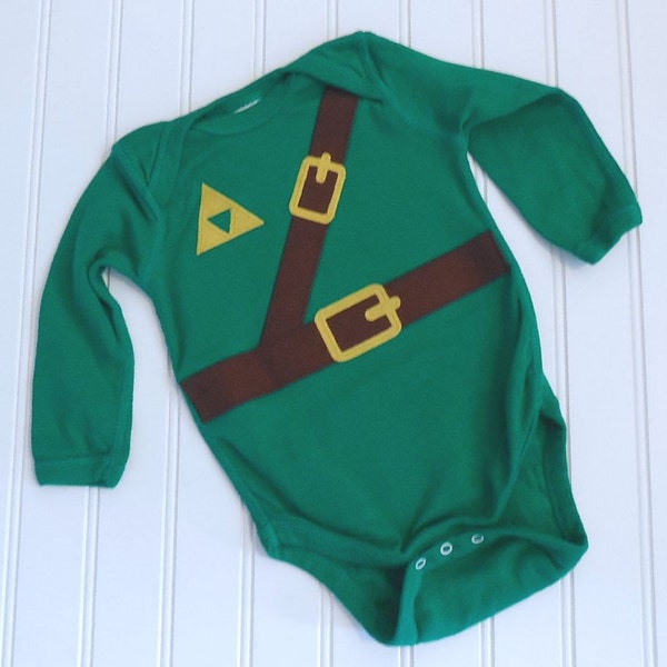 READY TO SHIP Great cosplay birthday Present or baby shower gift bodysuit Inspired by legend of Zelda link sewn cotton applique