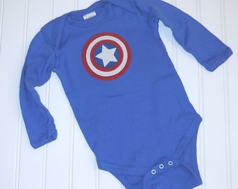 READY TO SHIP Great cosplay birthday Present or baby shower gift Avengers Captain America 100% cotton sewn long sleeve bodysuit