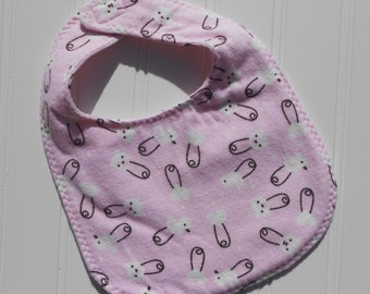 READY TO SHIP Great Present  100% cotton flannel baby bib - pink safety pins print Great Baby Shower Gift