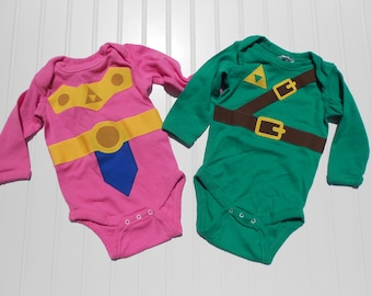READY TO SHIP Great cosplay birthday Present or baby shower gift Inspired by Legend of Zelda, Link & Zelda sewn applique bodysuit