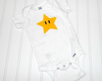 READY TO SHIP Great cosplay birthday Present or baby shower gift bodysuit Super Mario Star inspired sewn applique for boys or girls