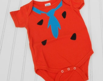 READY TO SHIP Great cosplay birthday Present or baby shower gift Fred Flintstone bodysuit Orange 100% cotton sewn applique
