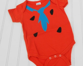 READY TO SHIP Great  Present or Cosplay birthday or shower gift Fred Flintstone bodysuit Orange 100% cotton sewn applique