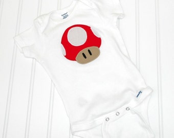 READY TO SHIP Great cosplay birthday Present or baby shower gift bodysuit Super Mario Mushroom Toad Inspired sewn cotton applique