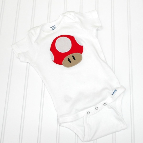 READY TO SHIP Great cosplay birthday Present or baby shower gift bodysuit Super Mario Mushroom Toad Inspired sewn cotton applique