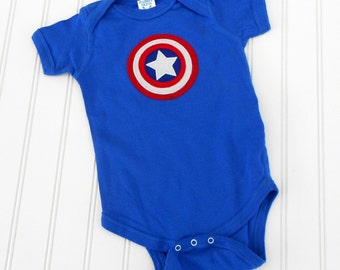 READY TO SHIP Great cosplay birthday Present or baby shower gift Avengers Captain America 100% cotton sewn bodysuit with applique