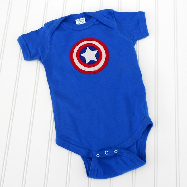READY TO SHIP Great Halloween Costume Captain America Baby Bodysuit - Superhero Shield Embroidered One Piece