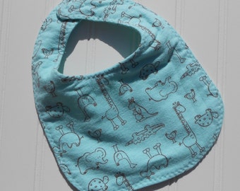 READY TO SHIP Great Present  100% cotton flannel baby bib - blue and brown zoo animal print Great Baby Shower Gift