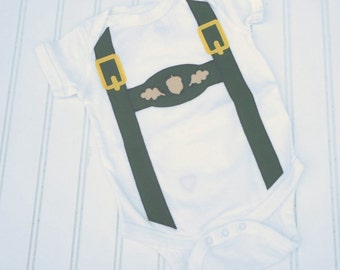 READY TO SHIP Great cosplay birthday Present or baby shower gift bodysuit Oktoberfest  lederhosen sewn cotton applique