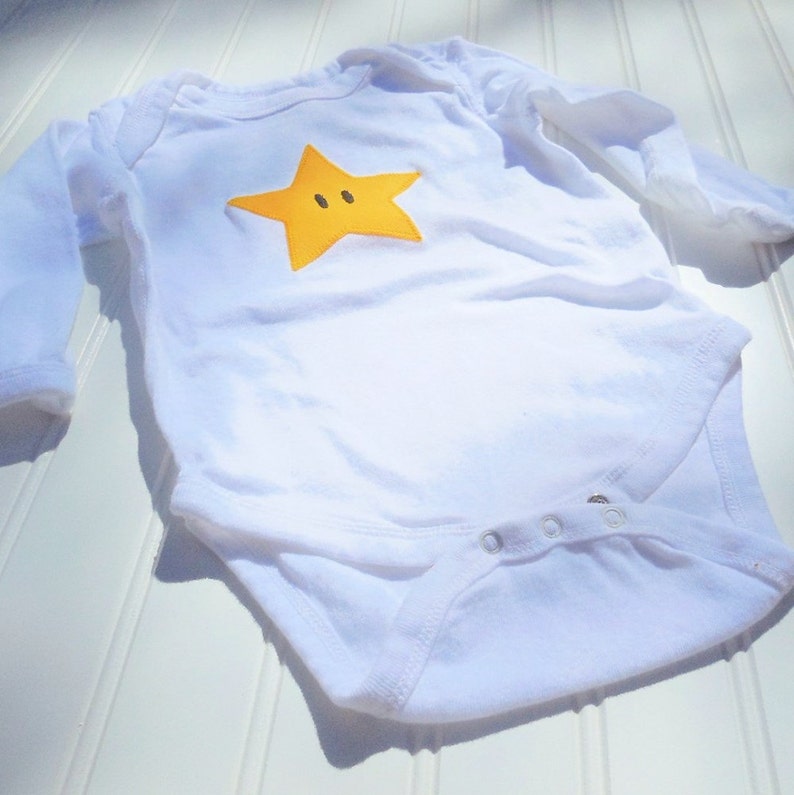 READY TO SHIP Great cosplay birthday Present or baby shower gift bodysuit Inspired by Mario Star sewn cotton applique long sleeve Bild 2