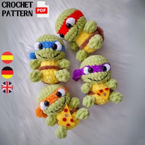 Low Sew Little Ninja Turtles-haakpatroon, eenvoudig en snel klein project voor beginners, popcultuur TMNT 90s cartoon geïnspireerd, Engelse pdf