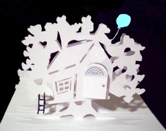 Tree House Pop-Up Card 180 degrees - with Balloon and Ladder -Item 7804T