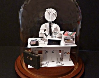 Business Card Sculpture: Handmade Office Desk Diorama with Glass Dome