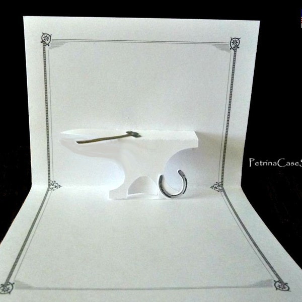 Anvil Pop-Up Card 3D -Design 1335 with Farrier Blacksmith tool and horse shoe