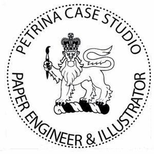 May include: Black and white illustration of a lion holding a paintbrush, with a crown on its head. The lion is standing on a scroll. The text around the lion reads "Petrina Case Studio Paper Engineer & Illustrator".