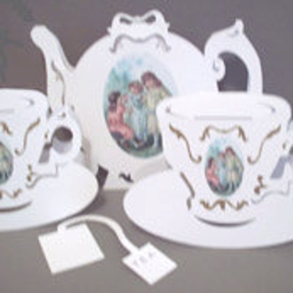 TEA set Pop Up Cards -Tea POT with 2 Tea cups -18kt Gold Leaf embellishments Victorian Style NO.977