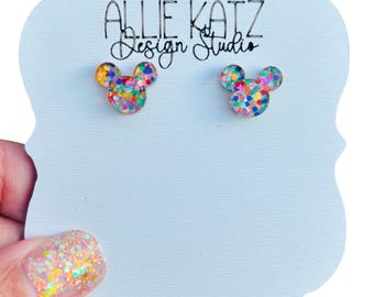 Mouse Confetti Glitter Stud Earrings | Mini Sparkle Studs | .5" Earrings | Gift-Ready | Small Mouse Head Studs | Allie Katz Design Studio