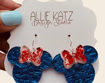 Red Glitter Bow on Royal blue Minnie Mouse dangle earrings/ classic mouse with bow earring / Disney vacation earrings
