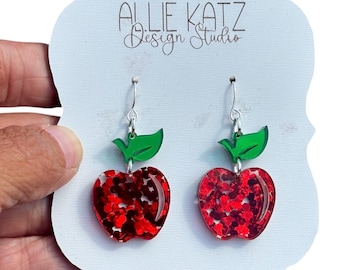 Pendientes colgantes de manzana gruesa con purpurina roja / Pendientes de manzana bonitos / Pendientes de vuelta al cole / Pendientes para profesores / Regalo de agradecimiento para profesores