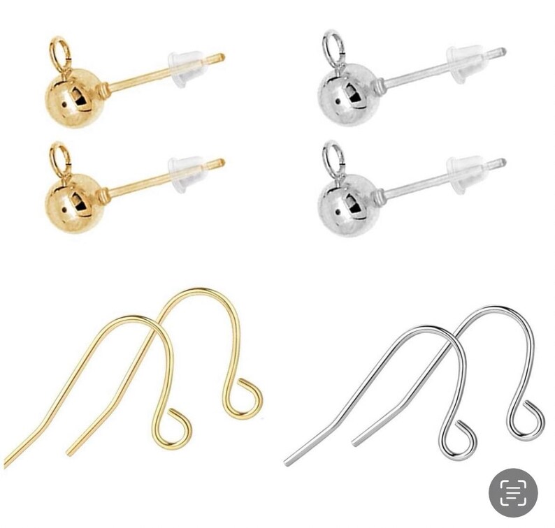 May include: A set of earring findings in gold and silver. The set includes four ball post earring findings and two French hook earring findings.